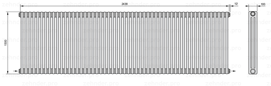 Схема (чертеж) Радиатор Zehnder Charleston 3150/53 №2670 Белый глянцевый RAL 9016